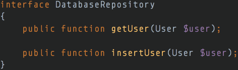 código de una interface DatabaseRepository con los métodos getUser y insertUser