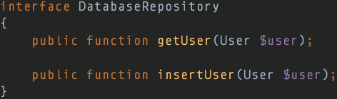 code of a DatabaseRepository interface with the methods getUser and insertUser