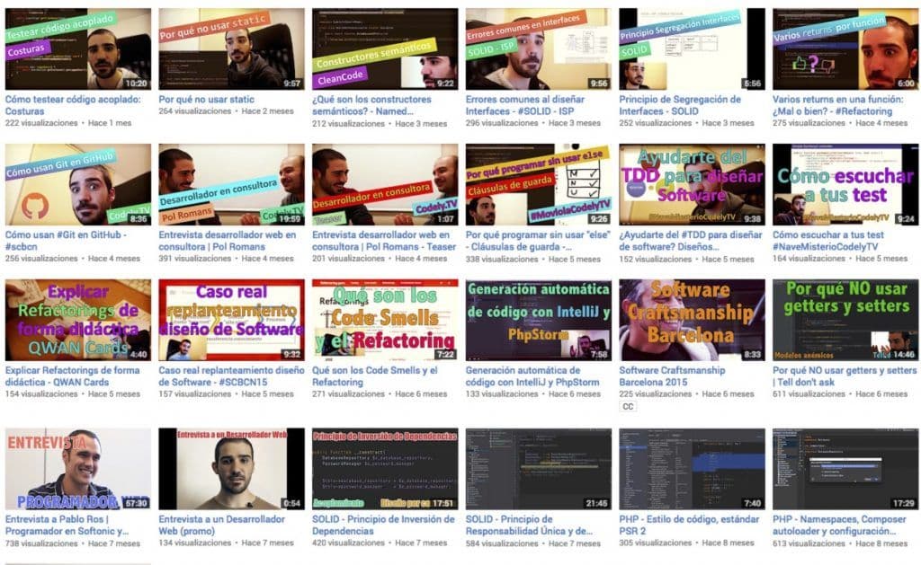 screenshot of the YouTube channel, showing the thumbnails of various videos from newest to oldest. The oldest just shows a screen with code, while the most recent have a more readable title, combining the code screenshot with photos of Javi
