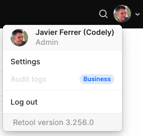Example of Retool user menu