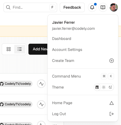 User menu in Vercel