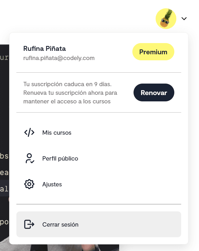 Sub con renovación desactivada, con CTA para reactivar la renovación automática. Aún tienen acceso a los cursos, pero lo perderán al agotar la duración que les quede